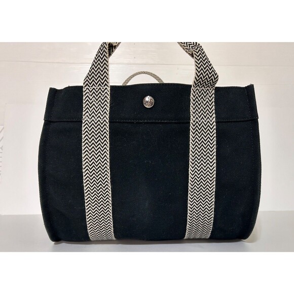 HERMES Cannes MM Tote Bag Hand Bag Canvas Black x Beige w/ Pouch Authentic - Picture 4 of 16